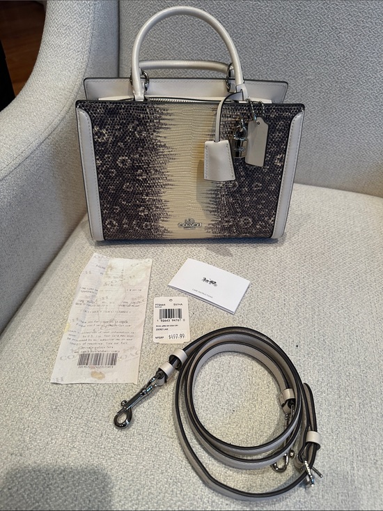 Coach Handbags - Coach Two-Tone Snakeskin-Effect Satchel in Ivory and Black